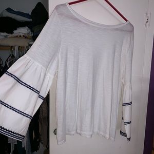 Women’s White Bell Sleeve Top with Navy Trim
